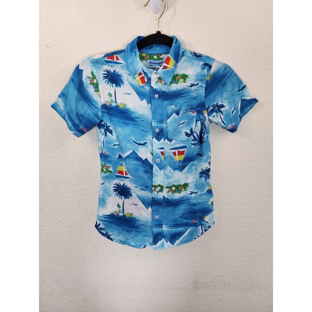 Tommy Bahama Boys Size 7 Tropical Sailboat Hawaiian Shirt Blue Rayon NWT
